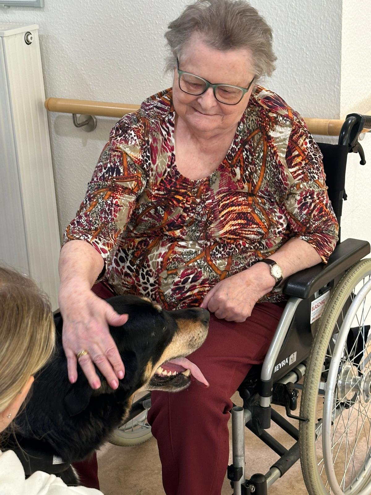 eine Bewohnerin streichelt die Therapiehündin Luna