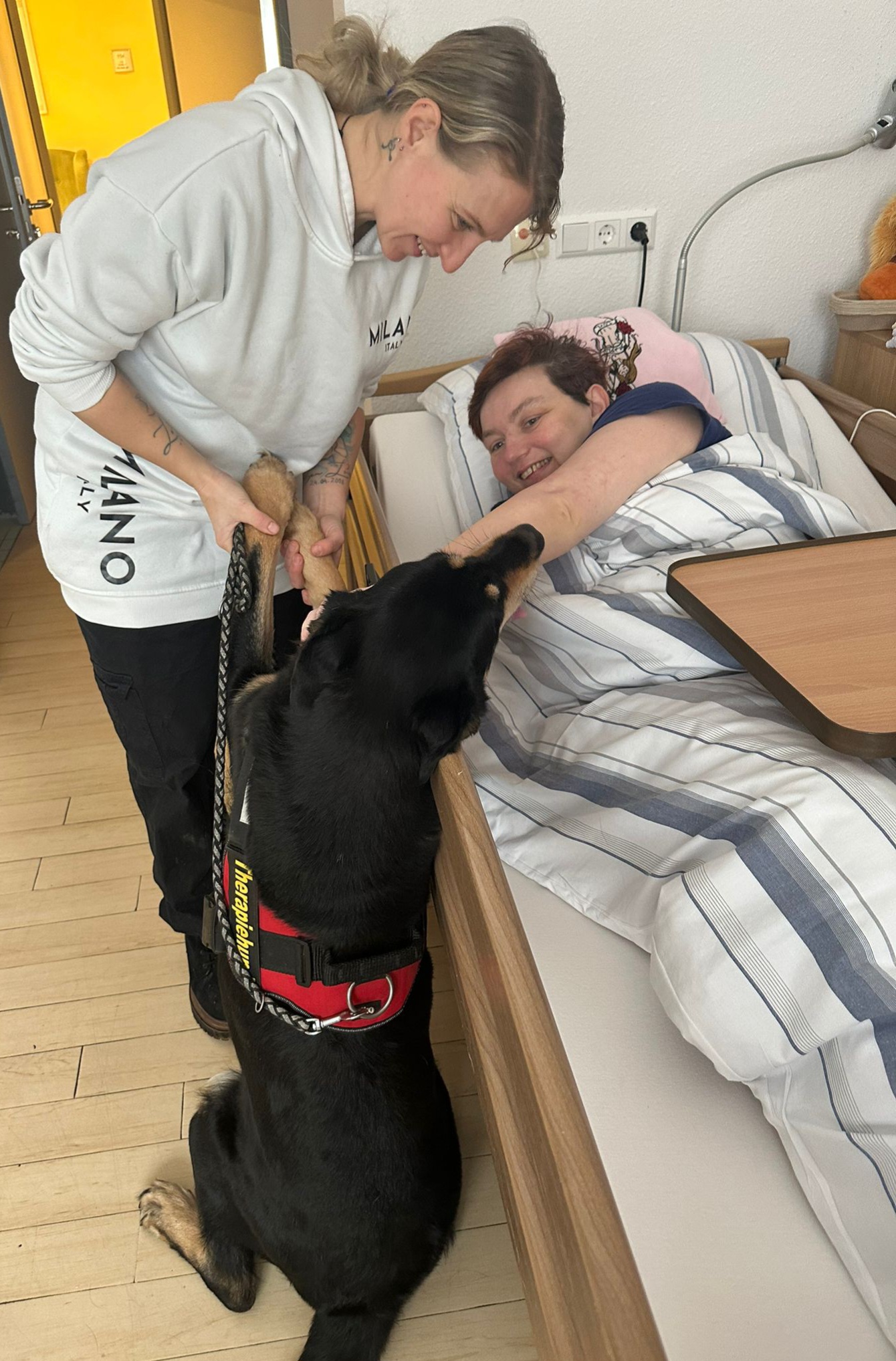 eine Bewohnerin streichelt die Therapiehündin Luna